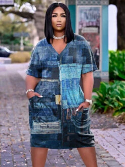 Casual Printed V Neck Short Sleeve Midi Dress