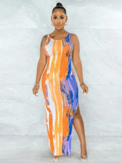 Tie Dye Slit Sleeveless Maxi Dress For Women