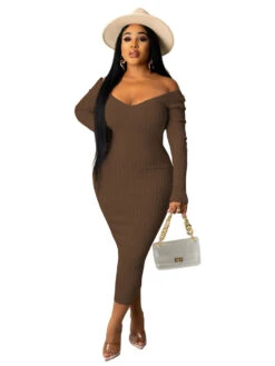 Define Your Shop 20 Autumn V Neck Long Sleeve Midi Dress
