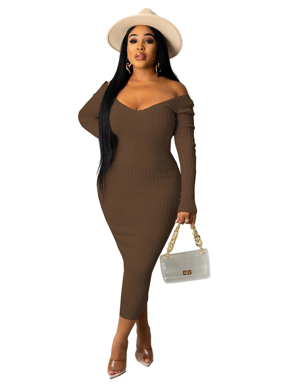 Autumn V Neck Long Sleeve Midi Dress 3 Autumn V Neck Long Sleeve Midi Dress