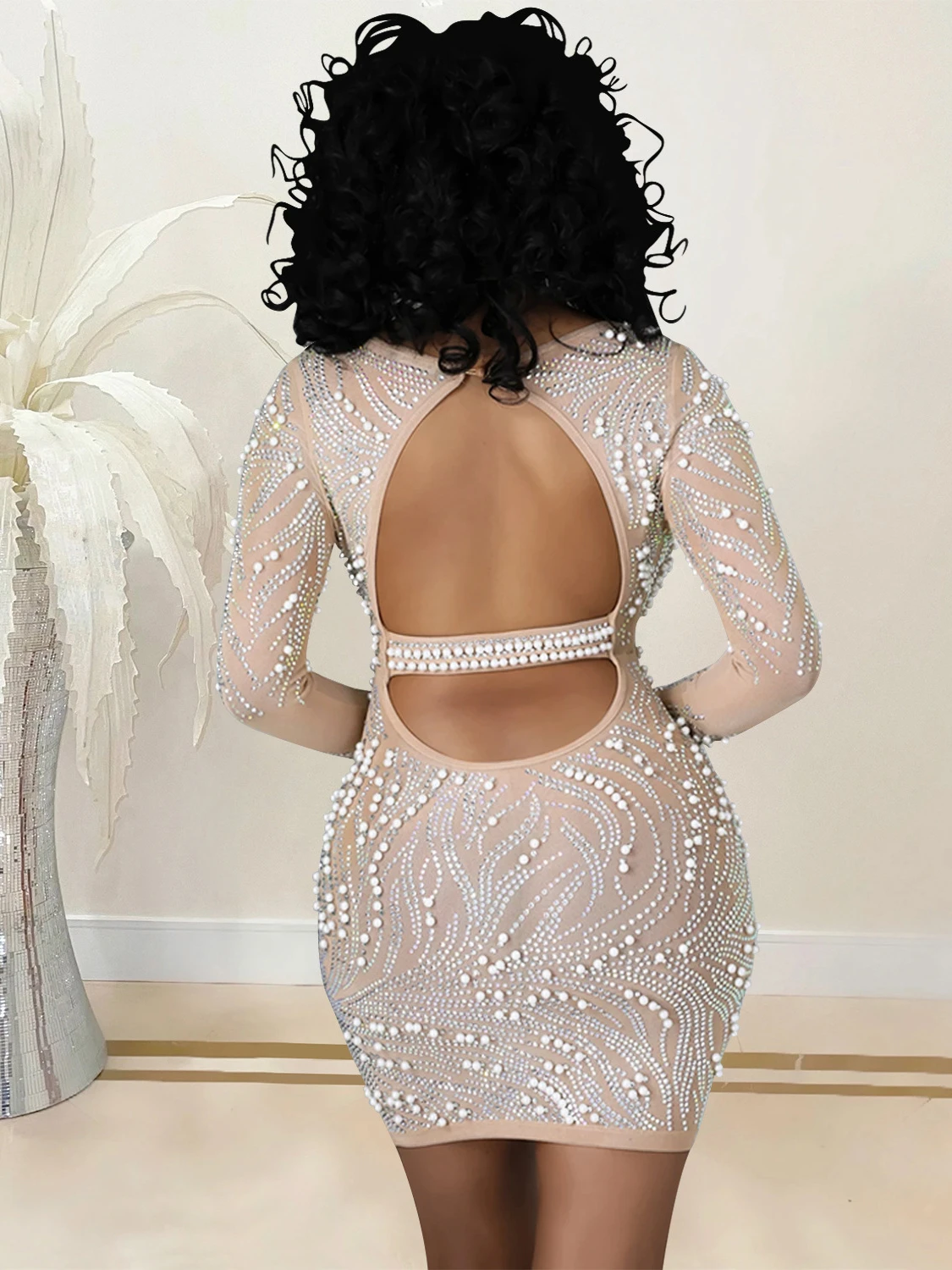 Nightclub Rhinestone Gauze Transparent Long Sleeve Dress 5 Nightclub Rhinestone Gauze Transparent Long Sleeve Dress - Image 3
