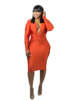 Solid V Neck Fashion Long Sleeve Bodycon Dress