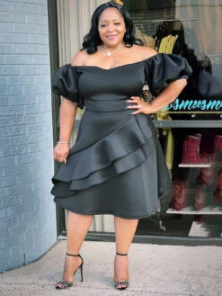 Sexy Black Ruffle Short Sleeve Plus Size Dress