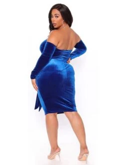 Suede Off The Shoulder Plus Size Blue Dresses -Define Your Shop P 20211027102308397 295