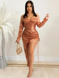 Off The Shoulder Slit Ruched Maxi Dress