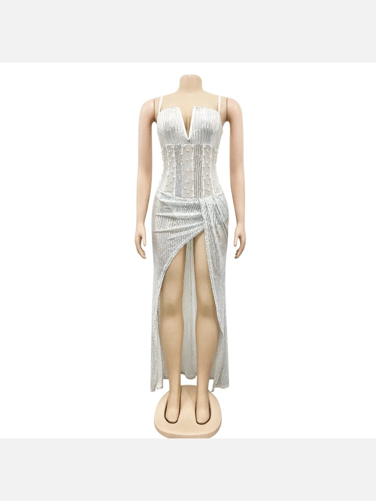 Faux Pearl Sequined Sleeveless Maxi Dress For Party 5 Faux Pearl Sequined Sleeveless Maxi Dress For Party - Image 3