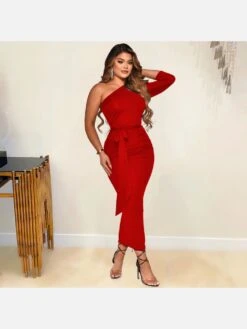 One Shoulder Solid Ruched Zipper Up Maxi Dress