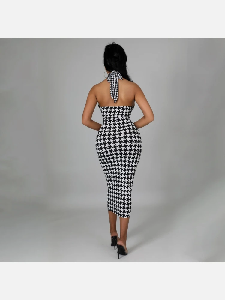 Houndstooth Printed Sexy Halter Cut Out Dresses 6 Houndstooth Printed Sexy Halter Cut Out Dresses - Image 4