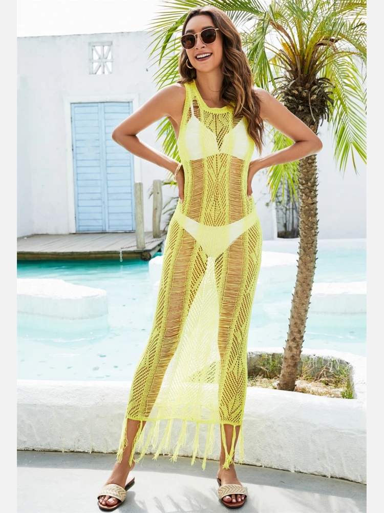 Hollowed Out Tassels Sleeveless One Piece Cover Up 3 Hollowed Out Tassels Sleeveless One Piece Cover Up