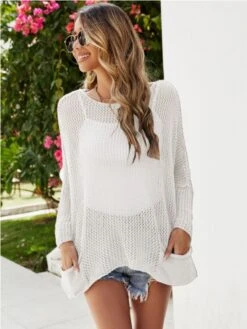 Perspective Hollowed Out Solid Crew Neck Cover Up