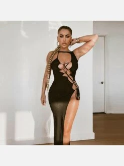 Sexy Split Hem Pure Color Black Maxi Dress