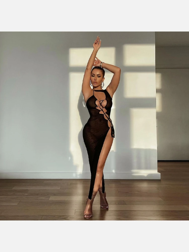 Sexy Split Hem Pure Color Black Maxi Dress 4 Sexy Split Hem Pure Color Black Maxi Dress - Image 2