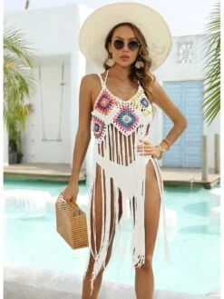 Sexy Crochet Halter Sleeveless Tassel Cover Ups For Ladies