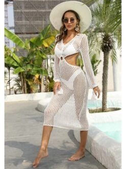 Sexy V Neck Long Sleeve One Piece Cover Up