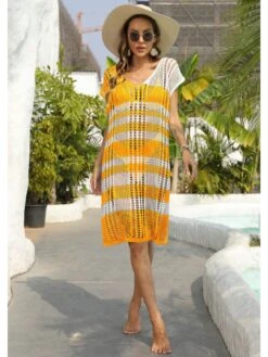 Fashion Hollow Out Striped Contrast Color Cover Ups