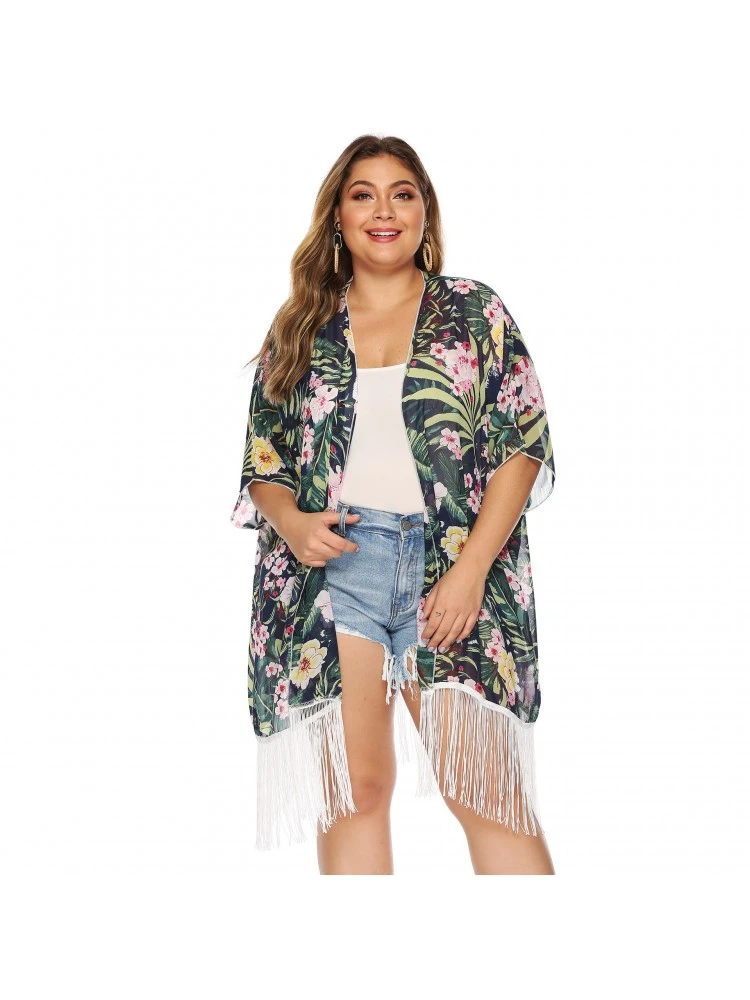Plus Size Printed Chiffon Beach Tassels Cardigan Cover Ups 3 Plus Size Printed Chiffon Beach Tassels Cardigan Cover Ups