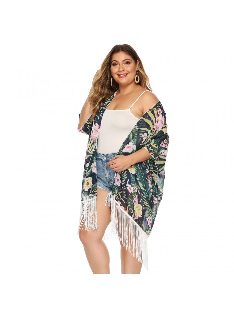 Plus Size Printed Chiffon Beach Tassels Cardigan Cover Ups 4 Plus Size Printed Chiffon Beach Tassels Cardigan Cover Ups - Image 2