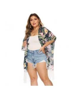 Plus Size Printed Chiffon Beach Tassels Cardigan Cover Ups 8 Plus Size Printed Chiffon Beach Tassels Cardigan Cover Ups -Define Your Shop P 20220421235254703 440