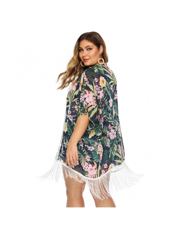 Plus Size Printed Chiffon Beach Tassels Cardigan Cover Ups 6 Plus Size Printed Chiffon Beach Tassels Cardigan Cover Ups - Image 4