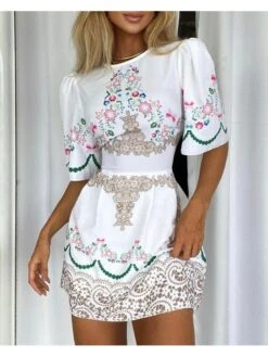 Vintage Linen Puff Sleeve Short Dresses For Women