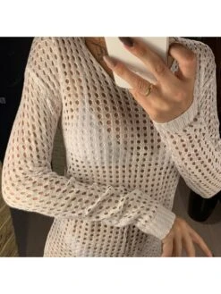 Sexy Pure Color Beach Wear Long Sleeve Cover Ups -Define Your Shop P 20220426175912565 331