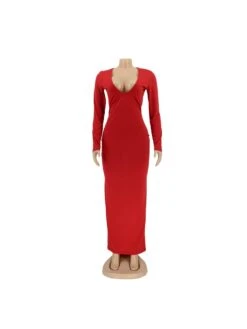 Elegant Sexy V Neck Pure Color Long Sleeve Maxi Dress -Define Your Shop P 20220427041047024 530