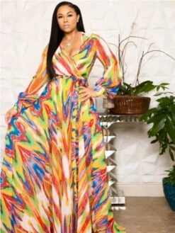 Printing Lantern Sleeve V-Neck Chiffon Dress