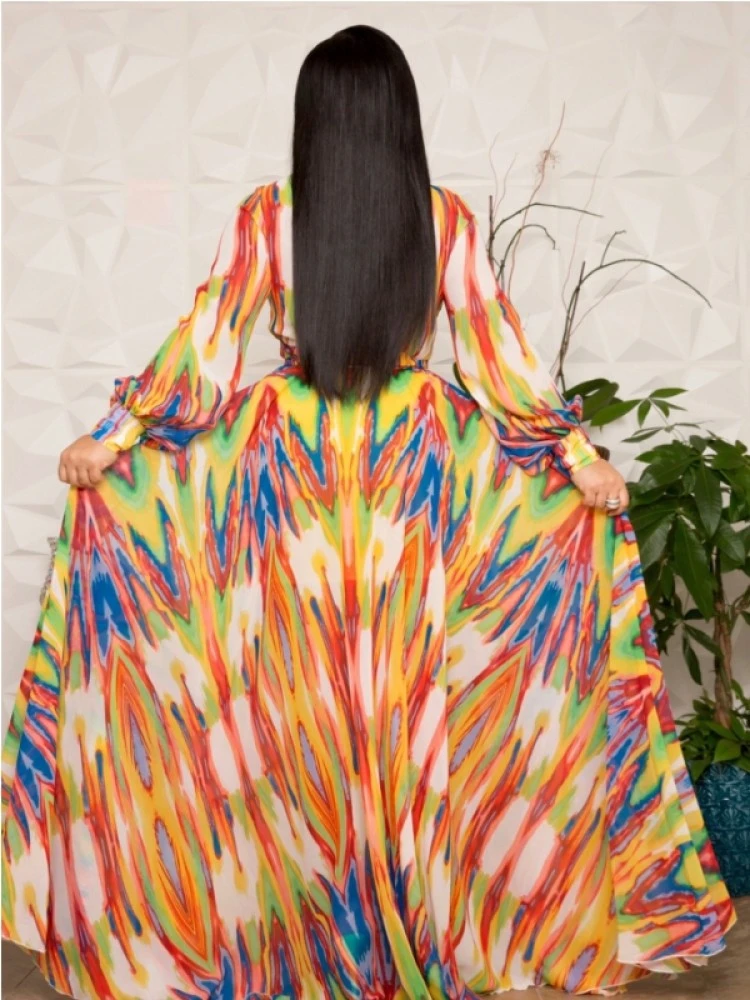 Printing Lantern Sleeve V-Neck Chiffon Dress 4 Printing Lantern Sleeve V-Neck Chiffon Dress - Image 2