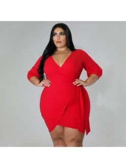 Plus Size Pure Color V-neck Three Quarter Sleeve Dress