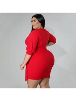 Plus Size Pure Color V-neck Three Quarter Sleeve Dress -Define Your Shop P 20220515163840272 355