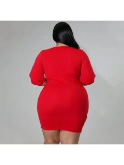 Plus Size Pure Color V-neck Three Quarter Sleeve Dress -Define Your Shop P 20220515163842356 331