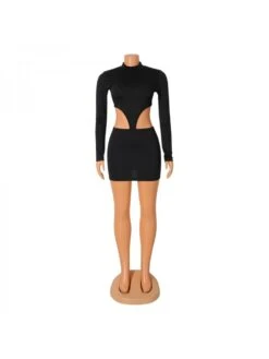 Fall Black Mock Neck Cut Out Long Sleeve Short Dress -Define Your Shop P 20220520211941012 557