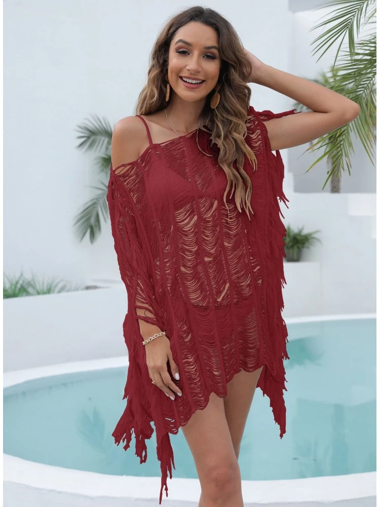 Beach Style Hollow Out Solid Color Tassels Dresses 3 Beach Style Hollow Out Solid Color Tassels Dresses