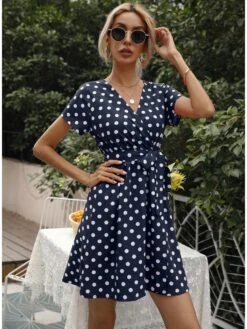 Women Casual Dot Short Sleeve Short Dress