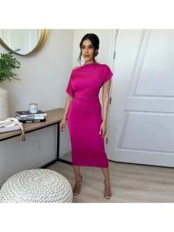 Women's Slim Pure Color Inclined Shoulder Dress