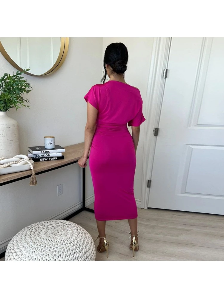 Women's Slim Pure Color Inclined Shoulder Dress 4 Women's Slim Pure Color Inclined Shoulder Dress - Image 2