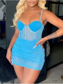 Summer Sexy Hot Drilling Spaghetti Straps Ruched Mini Dress