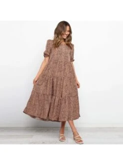 Leopard Print Short Sleeve Pleated Dress -Define Your Shop P 20220602215938642 424