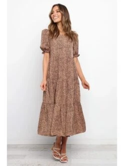 Leopard Print Short Sleeve Pleated Dress