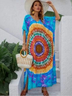 Bohemian Tie Dyed Holiday Short Sleeve Maxi Dress