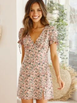 Summer V-Neck Printed Puff Sleeve Dress