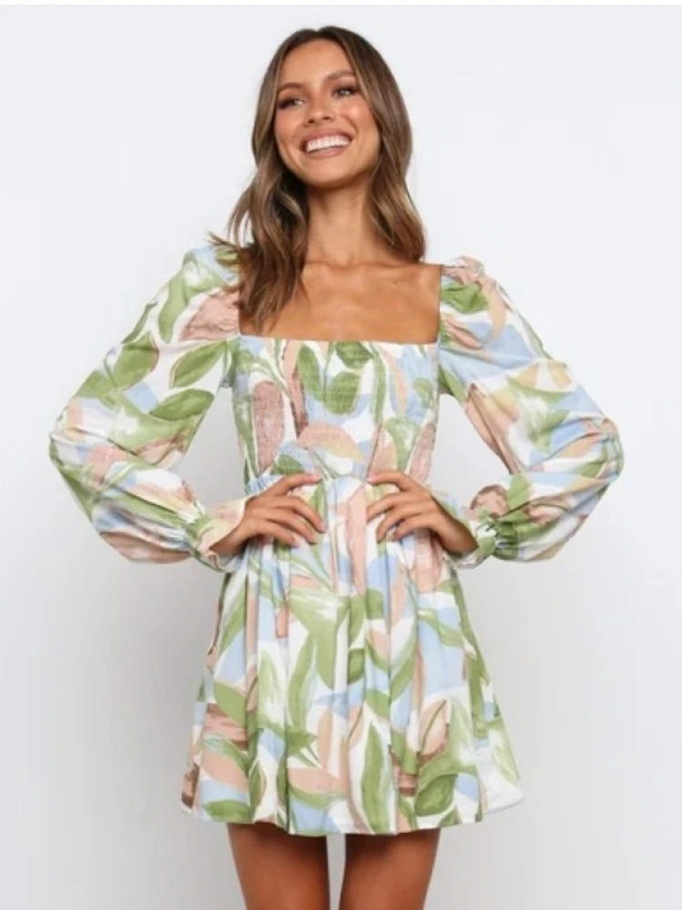 Fashion Printed Square Neck Long Sleeve Dress 3 Fashion Printed Square Neck Long Sleeve Dress