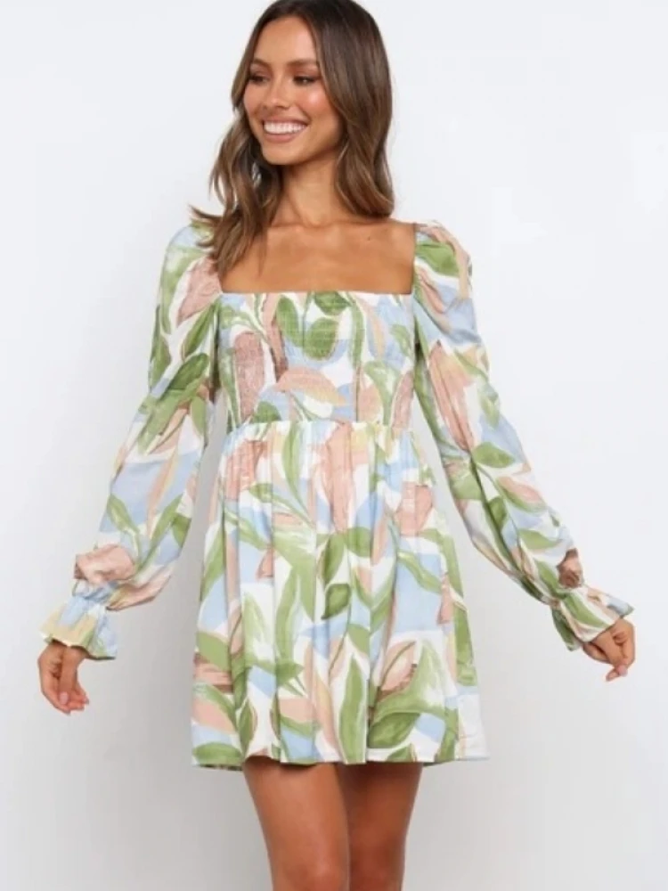 Fashion Printed Square Neck Long Sleeve Dress 4 Fashion Printed Square Neck Long Sleeve Dress - Image 2