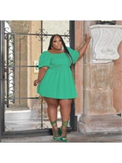 Plus Size Pure Color Square Neck Puff Sleeve Dress