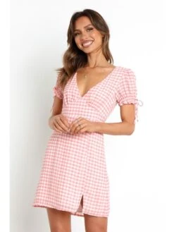 Sweet Puff Sleeve Plaid Women's Short Sleeve Dress