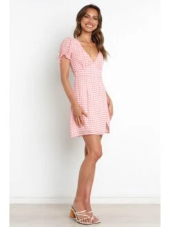 Sweet Puff Sleeve Plaid Women's Short Sleeve Dress -Define Your Shop P 20220624154251240 193