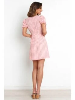 Sweet Puff Sleeve Plaid Women's Short Sleeve Dress -Define Your Shop P 20220624154253816 943