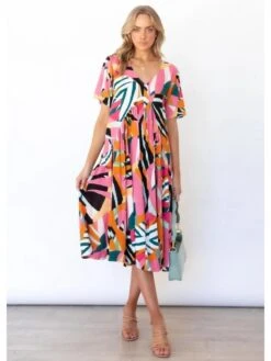 V Neck Printed Ruffles Short Sleeve Long Dress