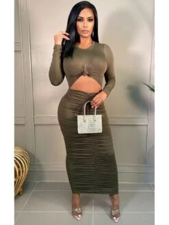 Pure Color Hollowed Out Ruched Women's Long Dress