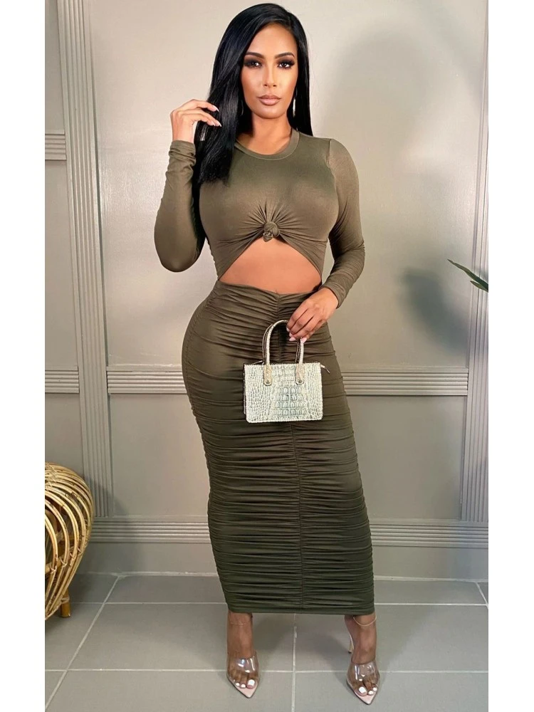 Pure Color Hollowed Out Ruched Women's Long Dress 3 Pure Color Hollowed Out Ruched Women's Long Dress